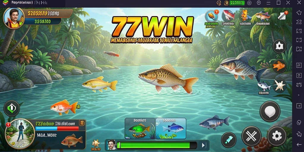 Tampilan gameplay <strong>77WIN</strong> saat memancing di lokasi yang indah.