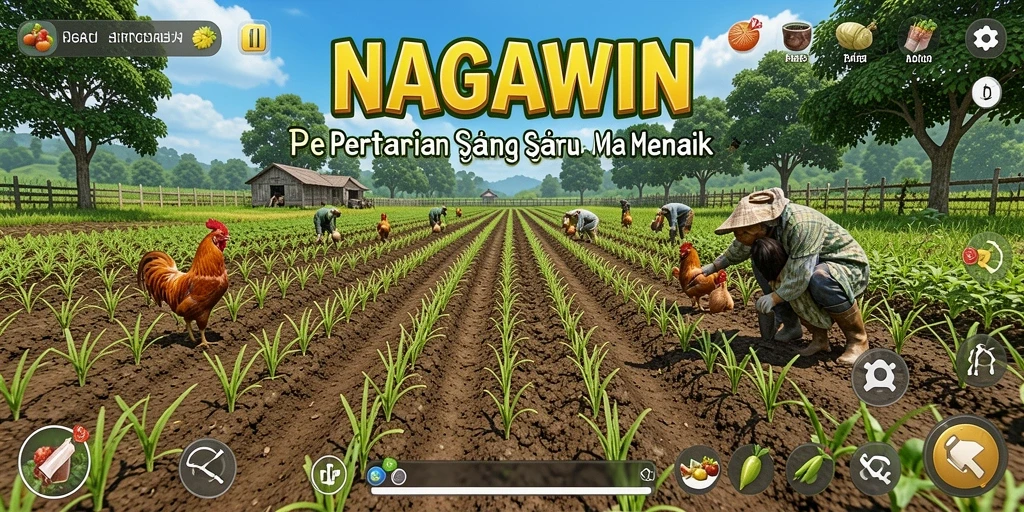 Tampilan gameplay NAGAWIN dengan kebun yang hijau subur dan hewan ternak.