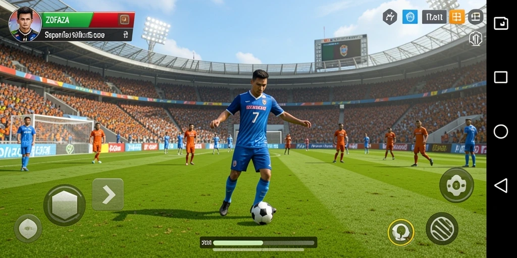 Tampilan gameplay seru dalam ZOFAZA dengan aksi sepak bola yang menggembirakan.